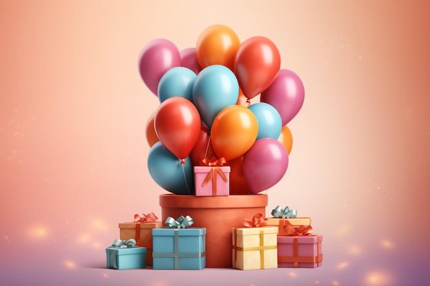 gelukkige verjaardagsposter met ballonnen en geschenkdoos achtergrond generatieve ai