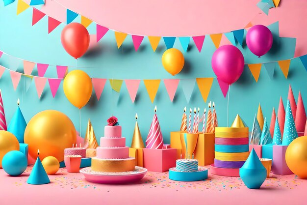 Gelukkige verjaardagstaart, ballonnen, kaarsen en confetti