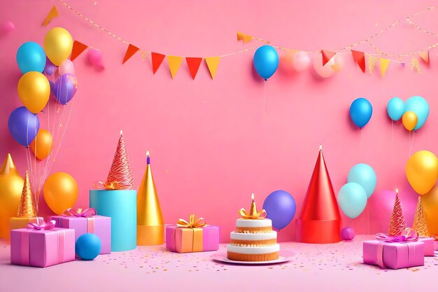 Gelukkige verjaardagstaart, ballonnen, kaarsen en confetti