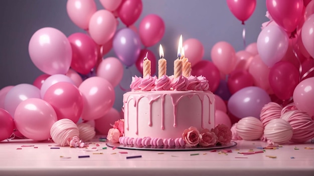 Gelukkige verjaardagstaartfeest met kaarsen ballonnen kleurrijke confetti