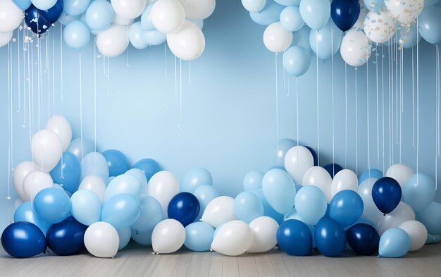 Gelukkige verjaardagsviering achtergrond met witte en blauwe ballonnen