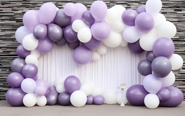 Gelukkige verjaardagsviering achtergrond met witte en paarse ballonnen