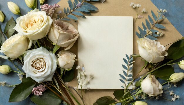 Foto gelukkige verlovingskaart met bloemen en bladeren kopieer ruimte tekst mockups bovenkant