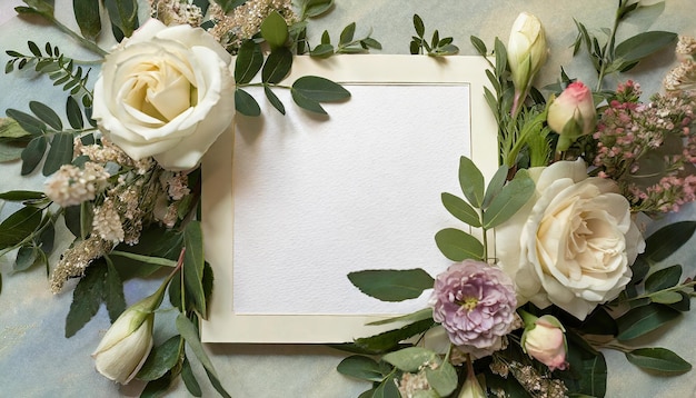 Gelukkige verlovingskaart met bloemen en bladeren kopieer ruimte tekst mockups bovenkant