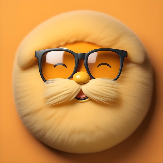 Foto gelukkige versterker joyful fluffy emoji met bril zachte emojic-reactie op gedempte oranje achtergrond