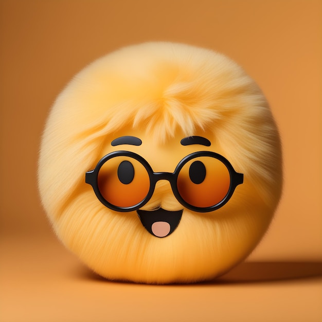 Foto gelukkige versterker joyful fluffy emoji met bril zachte emojic-reactie op gedempte oranje achtergrond