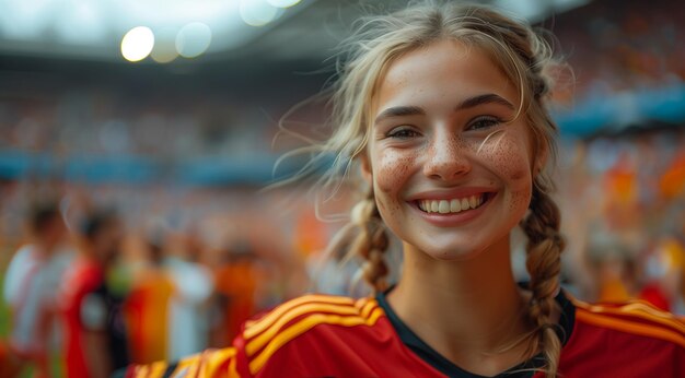 Foto gelukkige voetbalfan vrouw op stadion gemaakt met generative ai technologie