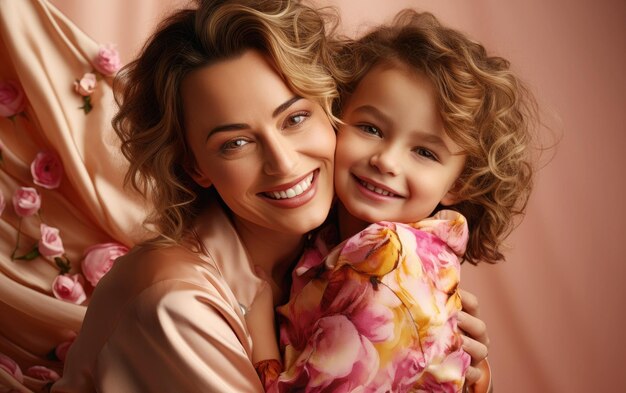 gelukkige vogue mode moeder draagt liefdevolle omhelzing van haar kind heldere solide licht achtergrond
