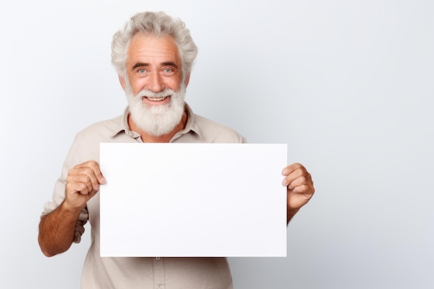 Gelukkige volwassen oudere man met een blanke witte banner teken geïsoleerd studio portret