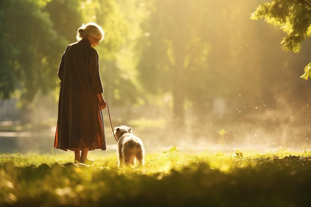 Gelukkige volwassen vrouw die met een hond speelt in het park.