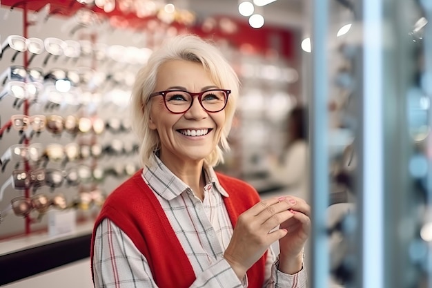 Gelukkige volwassen vrouw kiest een nieuwe bril in een optische winkel Oogverzorgingsconcept Beeld gemaakt met AI