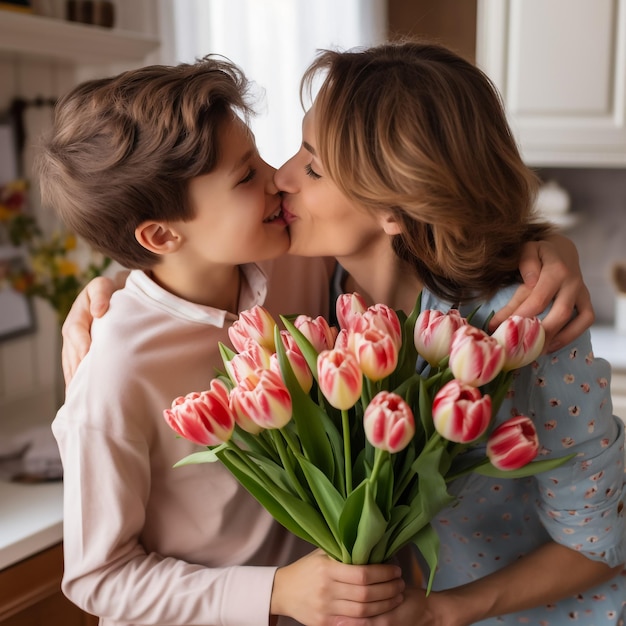 Gelukkige volwassen vrouw met tulpen die met gesloten ogen glimlacht en de jongen in dankbaarheid omarmt terwijl ze viert