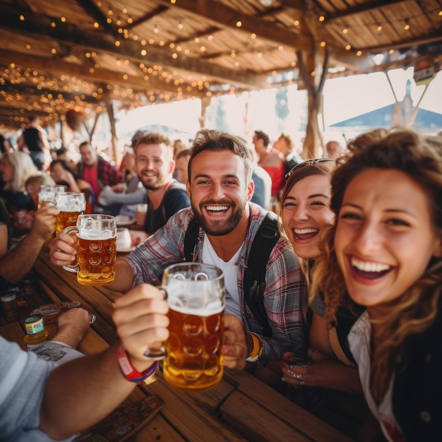 Gelukkige vrienden die bier drinken in een bar.