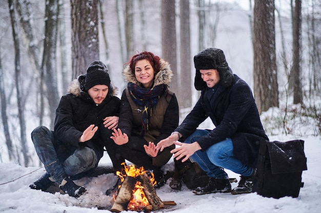 Gelukkige vrienden die opwarmen naast een vreugdevuur in het koude besneeuwde bos