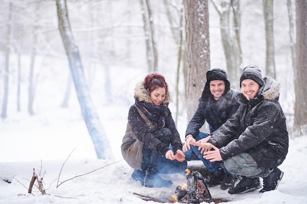 Gelukkige vrienden die opwarmen naast een vreugdevuur in het koude besneeuwde bos