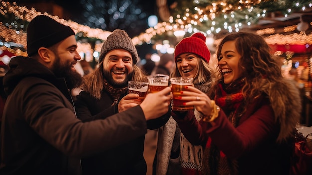 Gelukkige vrienden drinken samen een bier in de stad's nachts Generatieve AI