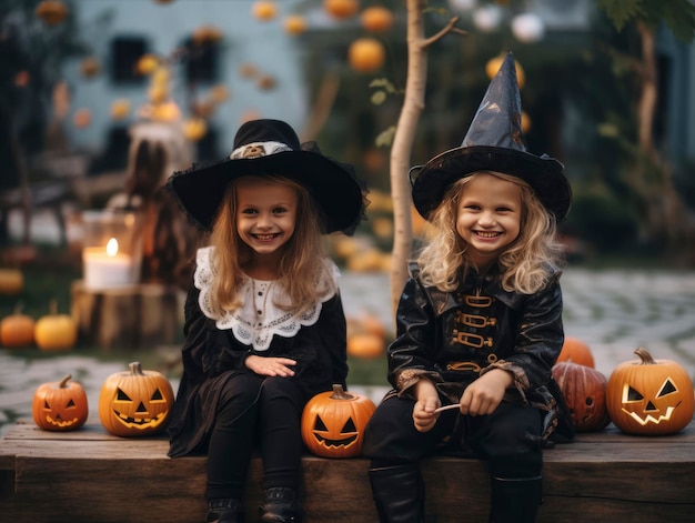 Gelukkige vrienden in heksenhoeden die samen buiten zitten in een tuin die is versierd voor Halloween