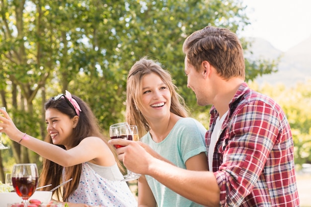 Gelukkige vrienden in het park die lunch hebben