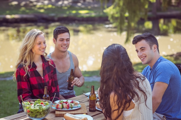 Gelukkige vrienden in het park die lunch hebben