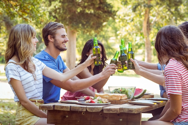 Gelukkige vrienden in het park die lunch hebben