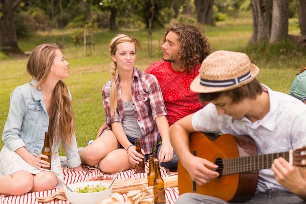 Gelukkige vrienden in het park die picknick hebben