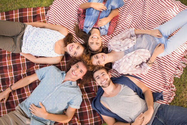 Gelukkige vrienden in het park die picknick hebben