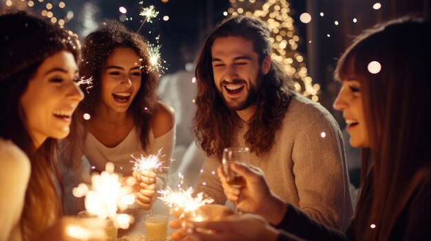 Gelukkige vrienden met vonken vieren Kerstmis