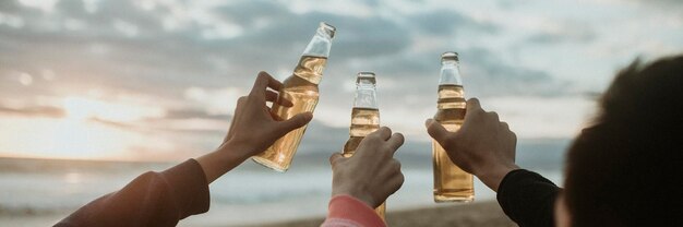 Gelukkige vrienden roosteren op het strand