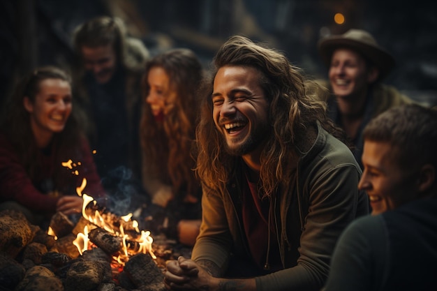 gelukkige vrienden zitten en lachen op vuurvuur in het bos.