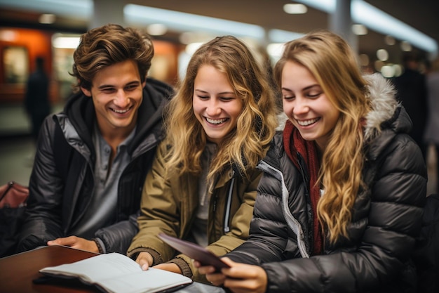 Gelukkige vrienden zitten met een digitale tablet en reisbagage tijdens een avontuurlijke reis rond de wereld