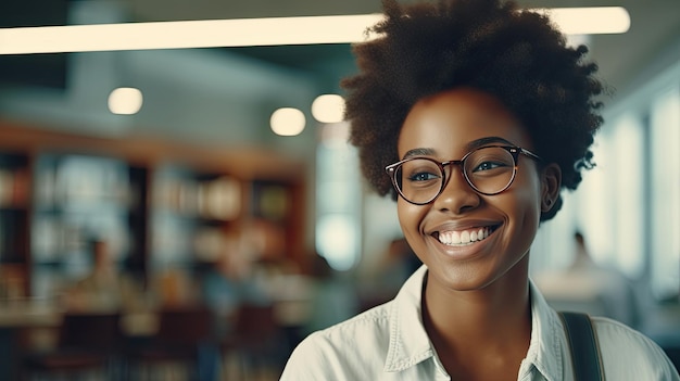 Gelukkige vrolijke Afrikaanse tienermeisje glimlachend kortharig schattig zwarte etnische universiteitsstudent met een bril die wegkijkt in de moderne universiteitsbibliotheek