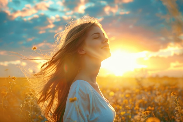 Gelukkige vrouw die geniet van de natuur vrijheid schoonheid en zonlicht
