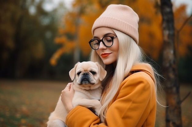 Gelukkige vrouw die haar hond teder vasthoudt in het herfstpark mooie blonde meid die plezier heeft met huisdier buiten