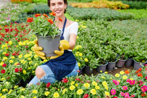 Gelukkige vrouw die plant toont die ze heeft gegroeid