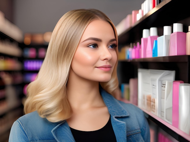 Foto gelukkige vrouw die winkelt in een winkel voor cosmetica en schoonheid