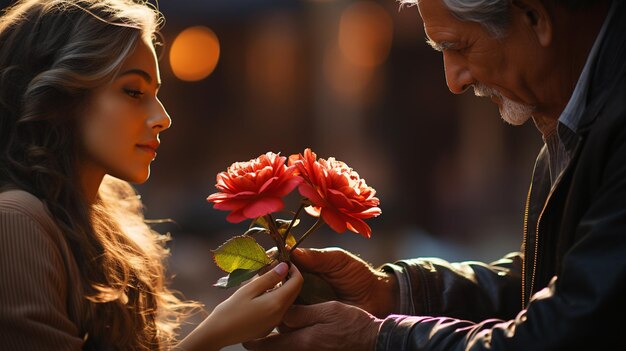 Gelukkige vrouw en man met bloemen in de herfst tuingeneratieve ai