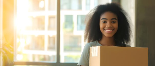 Gelukkige vrouw glimlacht terwijl ze een doos vasthoudt Generatieve AI