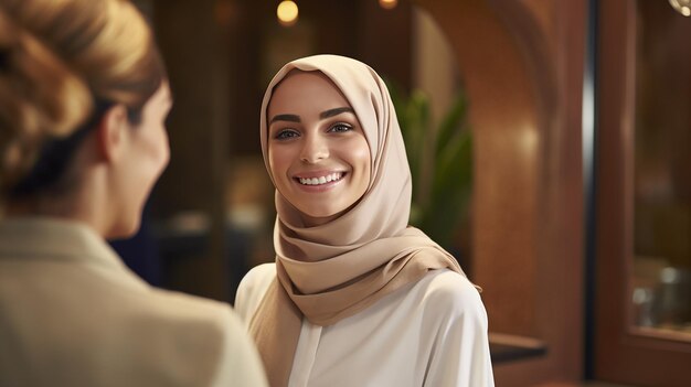 gelukkige vrouw in gesprek met een receptioniste