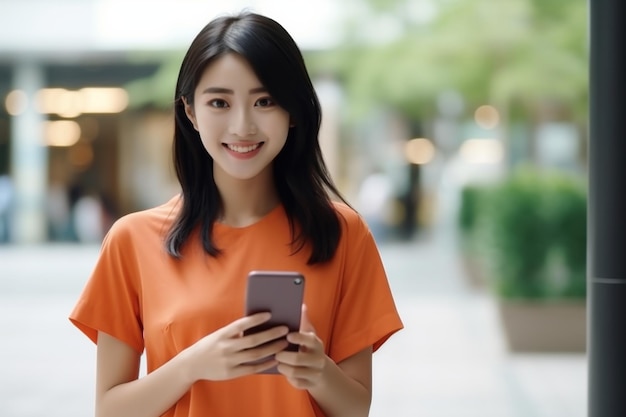 Gelukkige vrouw in oranje shirt met een smartphone die connectiviteit en technologie symboliseert