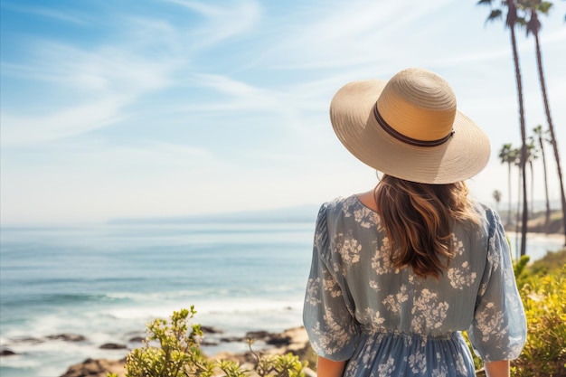 Gelukkige vrouw in zomer strandvakantie ontspannen aan de kust met palmbomen en zee strand