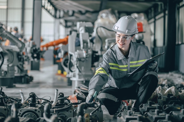 Gelukkige vrouw ingenieur werknemer werk in moderne machine onderdeel fabriek werken check producten voorraad bestelling