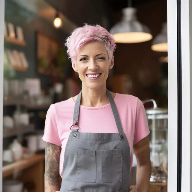 Gelukkige vrouw kleine ondernemer in casual grijs schort dragen Illustratie AI GenerativexA