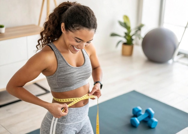Gelukkige vrouw meet taille met duidelijke tape meet fitness vooruitgang