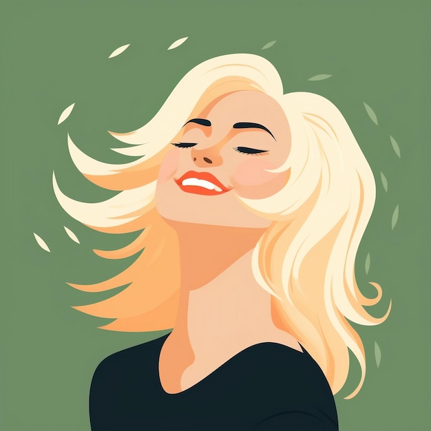 Gelukkige vrouw met blond haar en een vlekkeloze huid glimlachend met gesloten ogen
