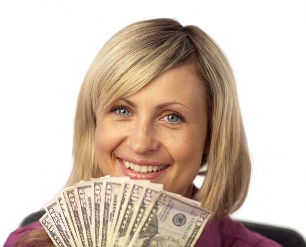 gelukkige vrouw met dollars