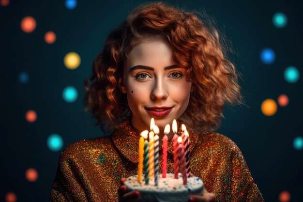 gelukkige vrouw met een grote verjaardagstaart met kaarsen met confetti glimlachen