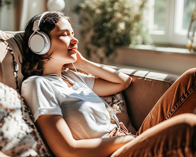 Foto gelukkige vrouw met een koptelefoon en luistert naar muziek podcast audioboek