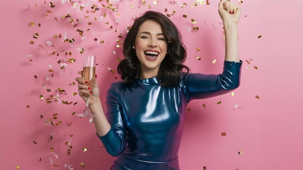 Foto gelukkige vrouw met golvend donker haar in glanzende trendy kleren die zich verheugt met een glas champagne