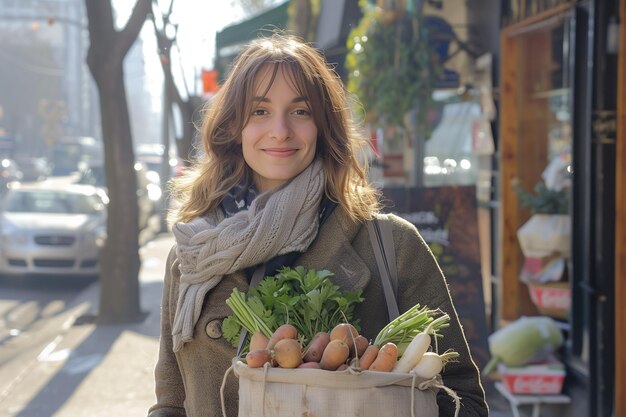 Foto gelukkige vrouw met groenten in een papieren zak