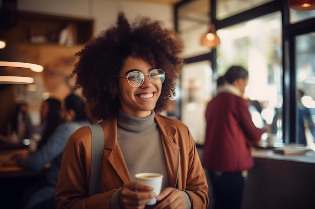 Gelukkige vrouw met krullend haar die een afhaalkoffie drinkt in een drukke cafetaria